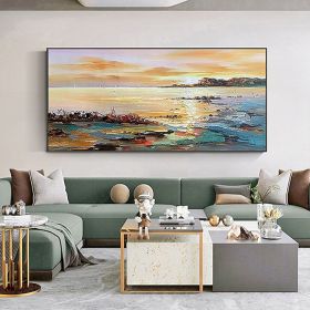 Hand Oil Painting Canvas Wall Art Decoration Abstract Seascape Painting Colorful Seaside Sunset for Home Living Room hallway bedroom luxurious decorat (size: 70x140cm)