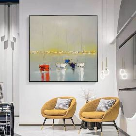 Ocean Wall Art Canvas Oil Painting Sunrise Bathroom Handmade Boat Landscape Posters Picture for Bedroom Beach House Decor (size: 50x50cm)