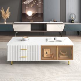 Modern Coffee Table with 2 Glass Door Storage, 4 Drawers, Gold Metal Legs, and Multi-Color Lighting in 47.2'' (Color: White, Material: MDF)
