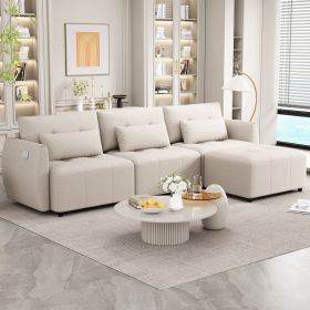113.3" Convertible Sectional Sofa Couch 3-Seat L-Shaped Sofa with Movable Ottoman and USB for Apartment, Living Room, Bedroom (Color: Beige, Material: Chenille)